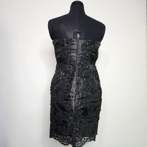 Black Embroidered Beaded Midi Formal Goth Prom Homecoming Strapless Alt Dress - Picture 5 of 10